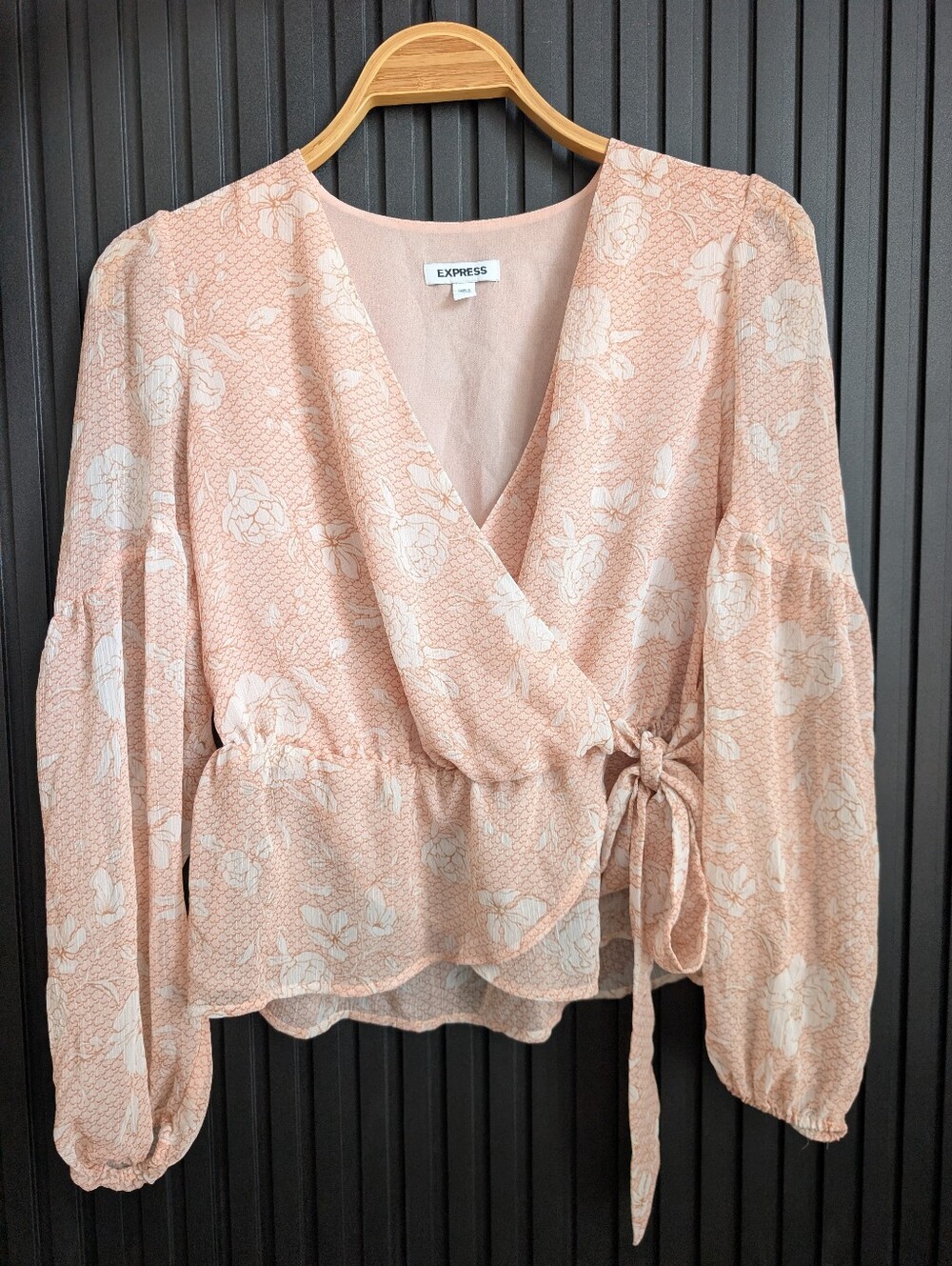 Express Floral Wrap Blouse With Long Sleeves And Side Tie | Peach Color Size S